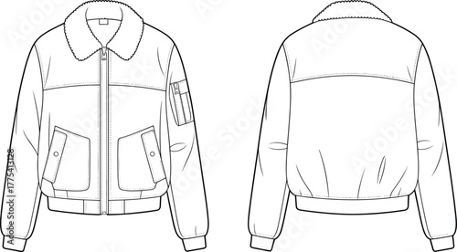 Bomber jacket design, shearling collar, women’s outerwear fashion, zipper closure, flap pockets,