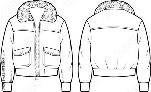 Shearling bomber jacket, women’s outerwear design, ribbed hem, flap pockets, zipper closure,Print