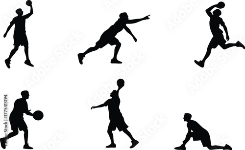 Dynamic basketball player silhouettes in action poses, perfect for sports branding and energetic designs. Agility and strength conveyed beautifully