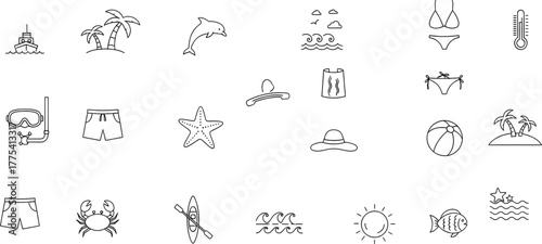 Collection of handdrawn summer and beach icons, including a bikini, shorts, starfish, and palm tree