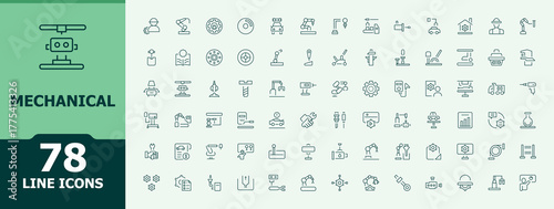 Mechanical line icon set. Mechanic modern icon set. Contains outline symbols like maintenance, tool, mechanic, engine, engineering, equipment and more. Editable vector. Pixel perfect.