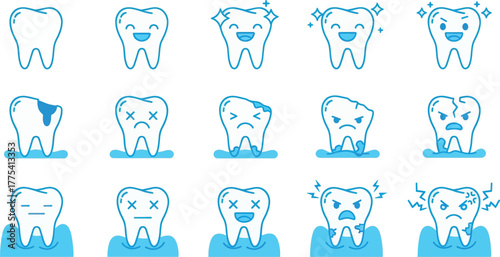 Set of cartoon tooth icons showing various emotions and dental health conditions