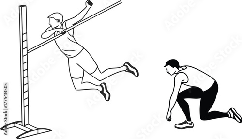Dynamic high jump athlete soaring over bar with focused coach watching, a powerful display of athleticism and determination in vector format