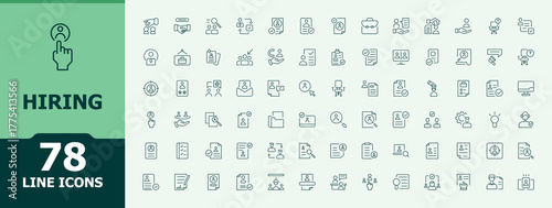 Hiring linear icon collection. Line icons with editable stroke. Pictogram and infographic. Hunting icon set. Related to job, man, employee, professional, head, interview and more.