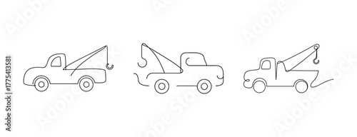 Three tow trucks in line art showing assistance and recovery services