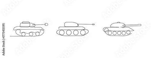 Three line art military tank designs in row for design