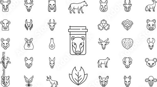 Set of animal head icons, including bear, wolf, fox, deer, and sheep
