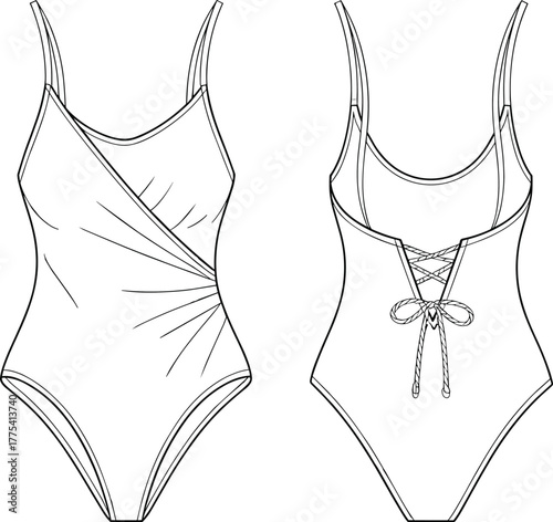 One-piece swimsuit technical flat sketch, fashion CAD drawing, vector illustration apparel design, asymmetrical draped front, lace-up scoop back