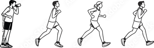 Dynamic line art showcasing runners and a water break, perfect for fitness blogs, sports apparel, and athletic training content with a modern, clean aesthetic