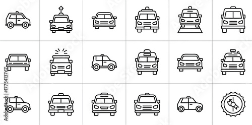 Collection of various car icons, including taxis and police cars
