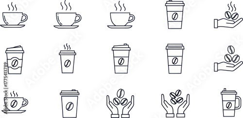 Assortment of coffeerelated icons including cups, togo cups, and hands holding beans