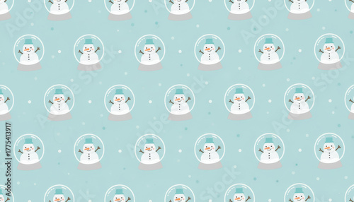 A repeating, seamless background illustration of cute cartoon snowmen, each enclosed within a glass snow globe. The festive design features smiling snowmen with carrot noses and blue hats.
