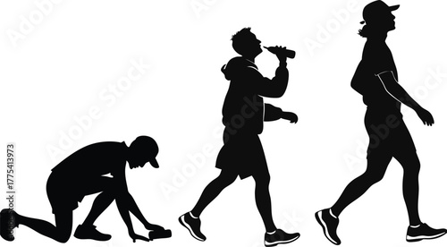 Dynamic silhouette of a man transitioning from stretching to hydrating to walking, embodying health, fitness, and active lifestyle journey