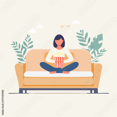 woman sitting on a sofa couch watching movies holding a popcorn simple vector
