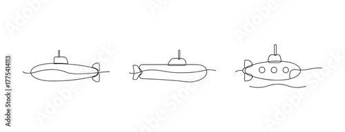 Three distinct submarine sketches show different views of naval underwater vessels