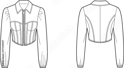 Cropped women’s jacket, long sleeve fashion, zipper closure, pointed collar, corset seam design, technical flat sketch, garment illustration, apparel pattern template