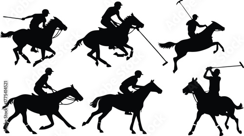 Dynamic polo players on horseback in striking silhouettes, perfect for sports branding, equestrian events, and stylish athletic designs, originally vector