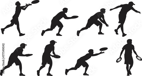 Dynamic ultimate frisbee silhouettes in action poses for sports designs and athletic themes, ideal for active lifestyle and team sport concepts