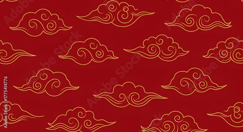 Elegant Red and Gold Chinese Cloud Pattern Design.