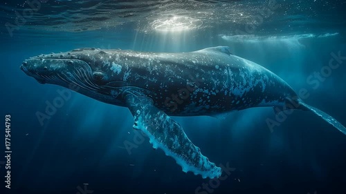 Artistic Humpback whale swimming underwater, sun rays, vibrant blue ocean