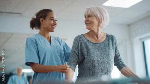Supportive Journey: A compassionate caregiver assists an elderly patient with her rehabilitation. This image depicts the patient's determination and recovery
