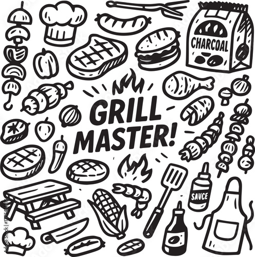 BBQ & Grill Doodle Icons – Steak, Skewers & Sauce Vector
