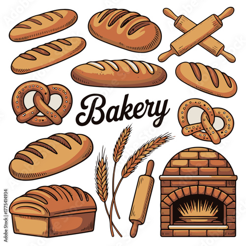 Bakery Illustration Set – Bread, Pretzel, Wheat, and Brick Oven in Cartoon Style