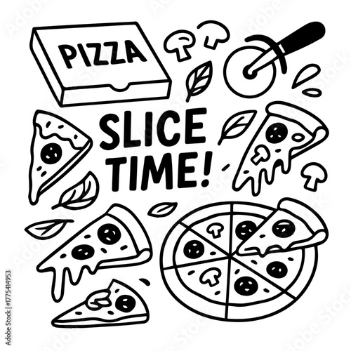 Pizza Slice Line Art Illustration – Hand Drawn Italian Food, Fast Food Design, Fun “Slice Time” Poster