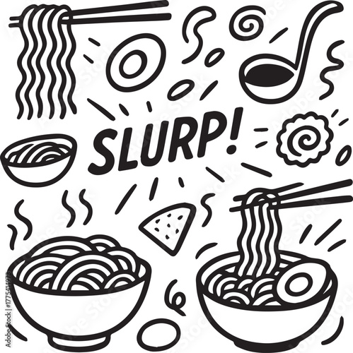 Ramen Noodles Line Art Illustration – Hand Drawn Asian Food, Japanese Cuisine, Fun “Slurp!” Design