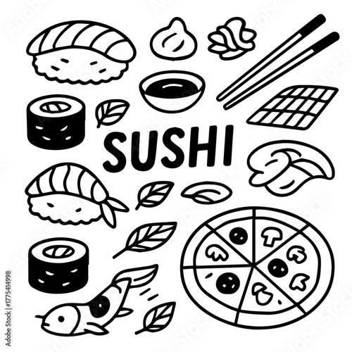 Sushi Line Art Illustration – Hand Drawn Japanese Food, Sushi Rolls and Nigiri Vector Design