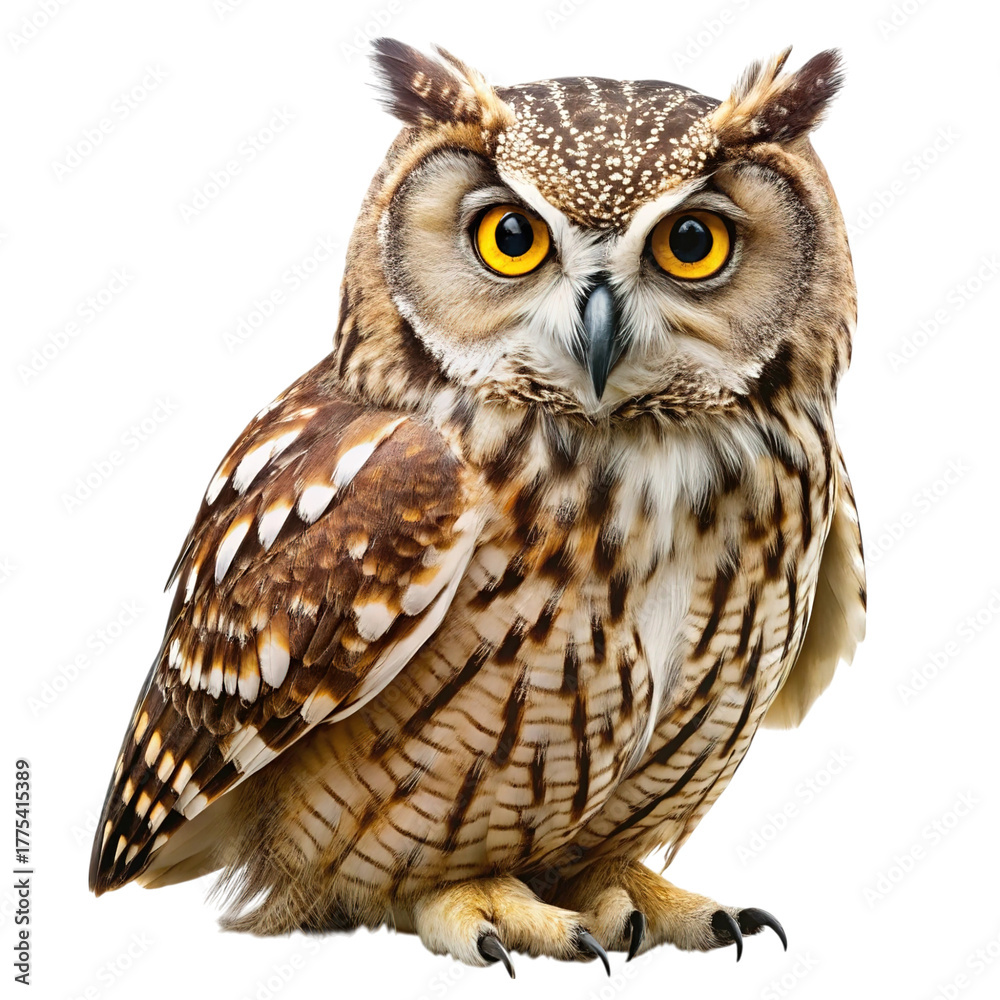 Naklejka premium Detailed portrait of a majestic eurasian eagle owl with striking yellow eyes isolated on transparent background