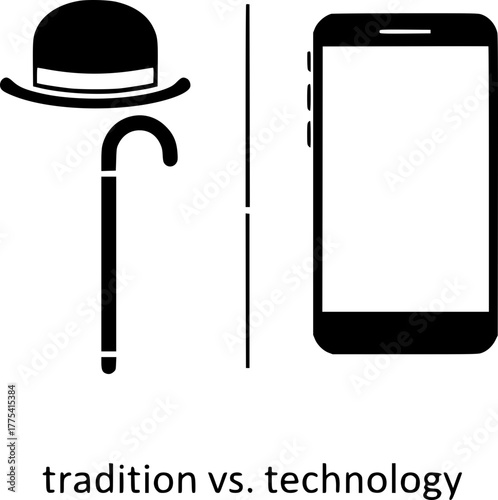 Visual concept: a clash between the old and the new. An elegant bowler hat and cane (tradition) versus a modern smartphone (technology).