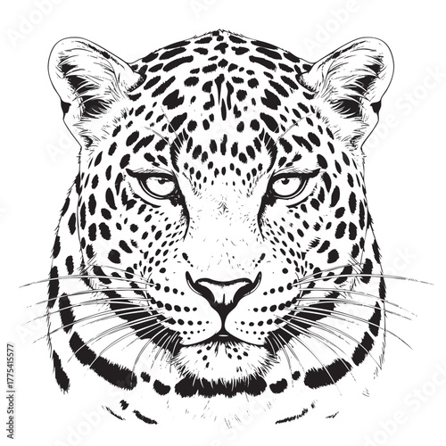 Black and white illustration of a leopard's face with detailed fur and spots big cat animal