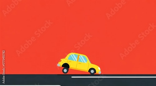 Yellow car moving animation on red background, playful motion design