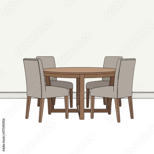 Round wooden table with four upholstered chairs.