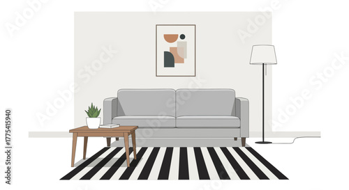 Living room with sofa, coffee table, plant, book, lamp, and artwork.