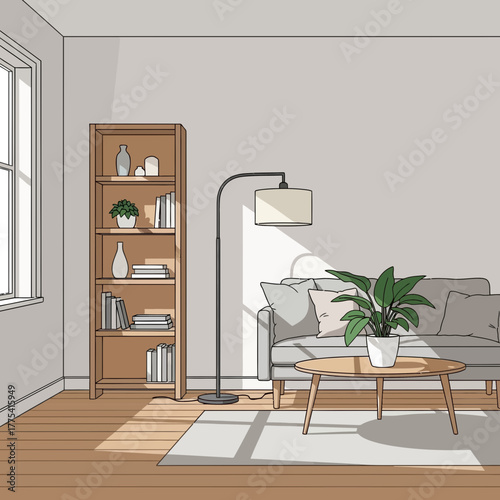 Living room with sofa, bookshelf, coffee table, and floor lamp.