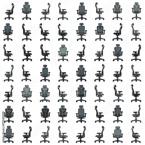 Multiple ergonomic office chairs shown from various angles.