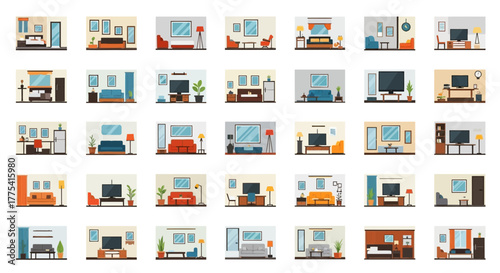 Various interior scenes with furniture, televisions, and plants.