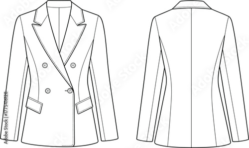 Women’s double-breasted blazer technical flat sketch, fashion CAD drawing, vector illustration apparel design, tailored jacket template, notched lapel collar