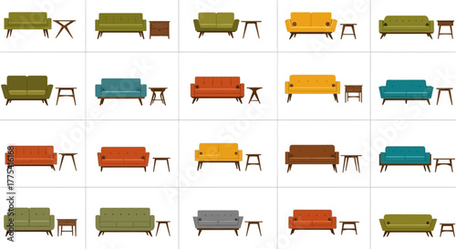 Collection of sofas and side tables in various colors and styles.