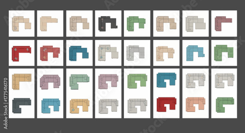 Collection of sectional sofas in various colors and configurations.