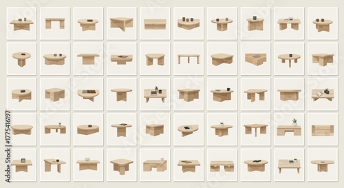 Collection of diverse wooden tables with minimalist designs and some decorative items.