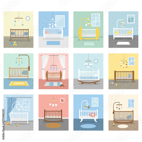 Twelve illustrations of baby cribs with mobiles, toys, and room decor.