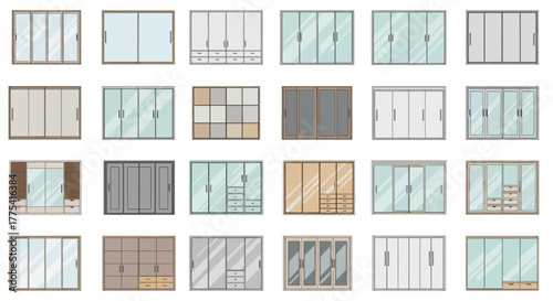 Various sliding doors and wardrobes with glass and drawer elements.