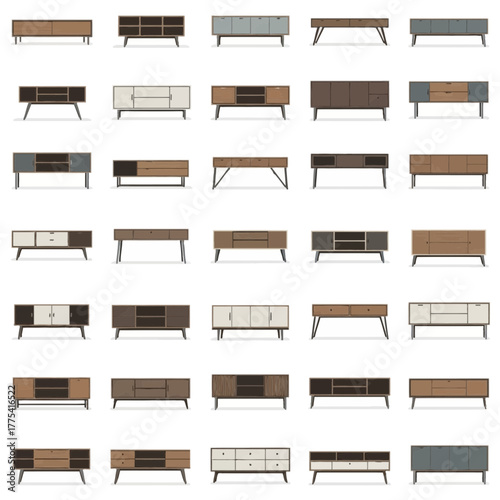 Collection of various wooden credenzas and sideboards with drawers and doors.