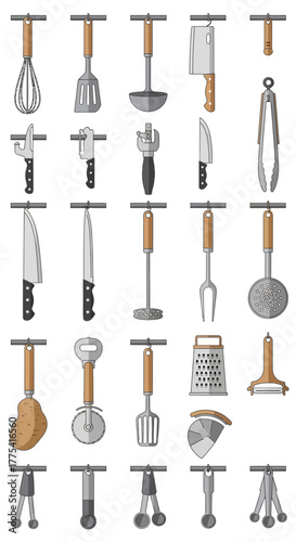 Collection of kitchen utensils hanging on a rack.