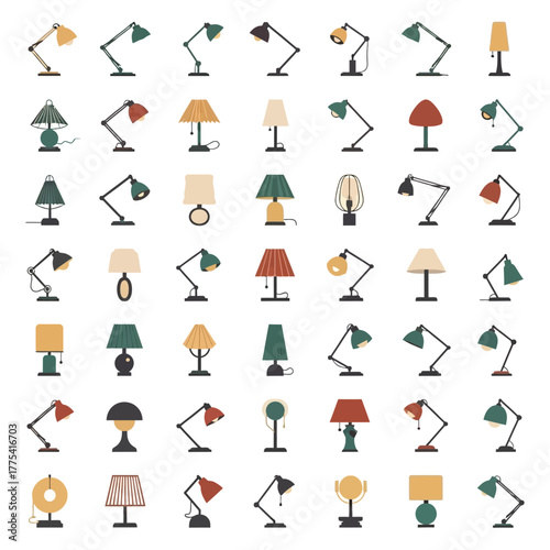Collection of diverse desk and table lamps in various styles and colors.