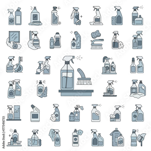 Collection of cleaning product bottles and supplies with sprayers and brushes.