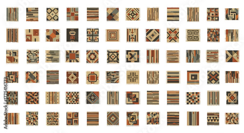 Collection of woven rugs with geometric and abstract patterns in earthy tones.